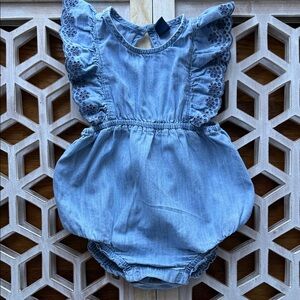 GAP Light Blue Denim Baby Bubble Romper with Eyelet Ruffles